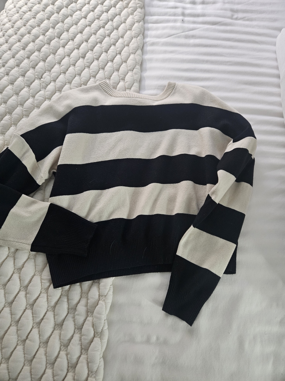 No Boundaries Black and Cream Striped Crewneck Sweater